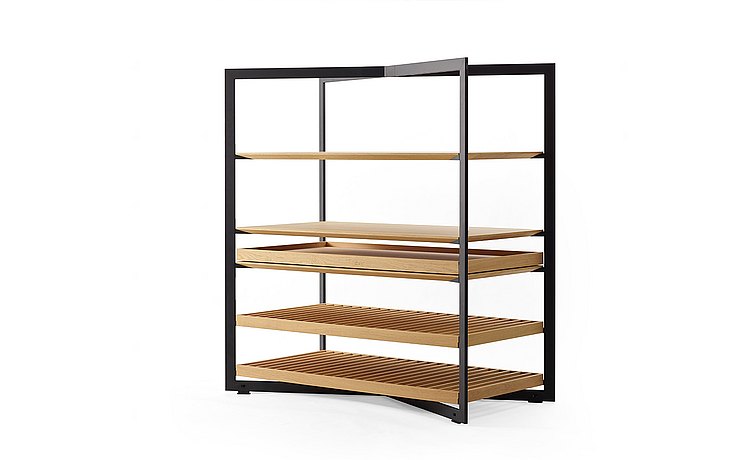 Étagère b solitaire avec différents types de plateau en bois, côtés obliques